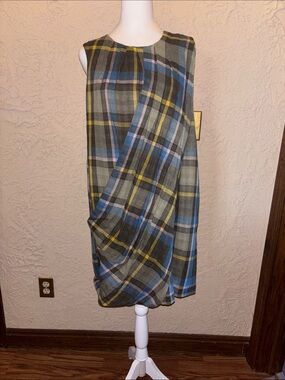 Sleeveless Plaid A-Line Skirt Dress in Blue, Gray & Yellow
